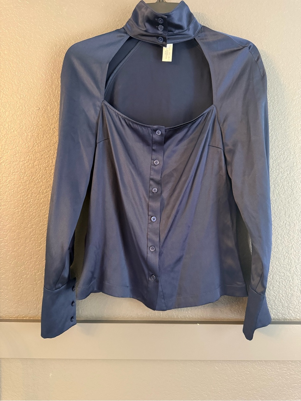 FLEUR DU MAL • Bella navy satin cut out front blouse - Small long sleeve
